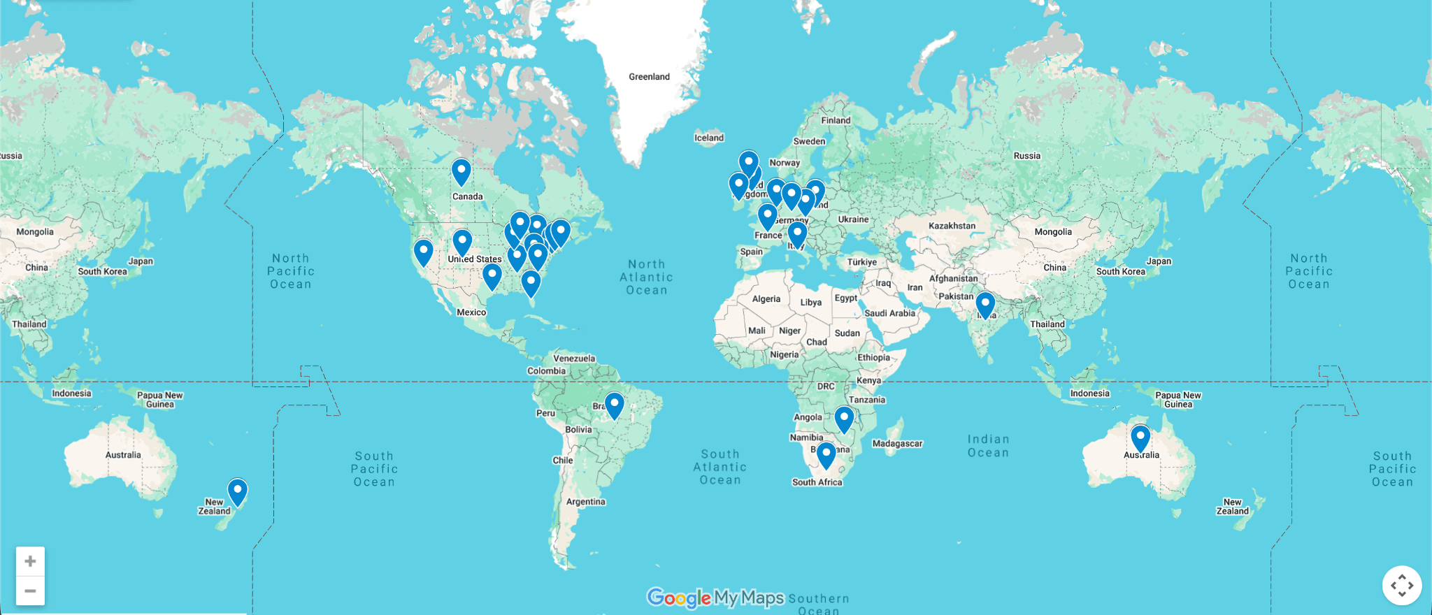 World map of Pipes for the People student and partner locations